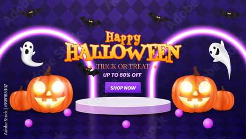 Spooky Halloween podium sale promotion poster template with pumpkins, cute ghosts and bats. Perfect for website or banner use. Vector illustration, EPS 10.