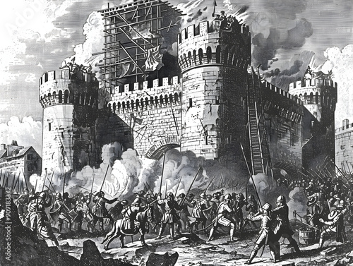 Citizens in France storming the Bastille fortress during the French Revolution with flags and weapons.