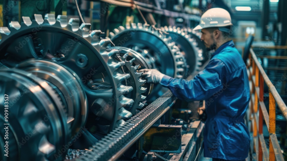 Fototapeta premium Mechanic inspecting gears and belts of a large industrial press machine