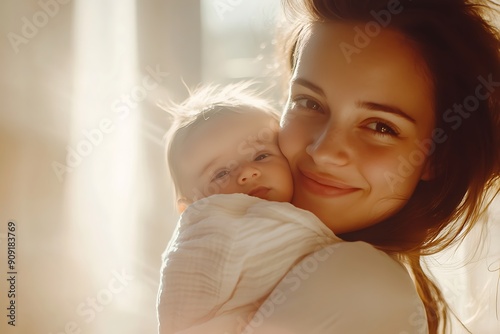 Mother lovingly holds her infant child, bathed in soft sunlight.