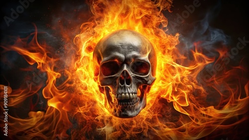 Skull engulfed in fiery flames , skull, fire, death, spooky, inferno, flames, burning, scary, Halloween, danger, horror, demonic