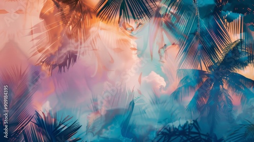 Tropical Palm Leaves on Dreamy Pastel Sunset Background