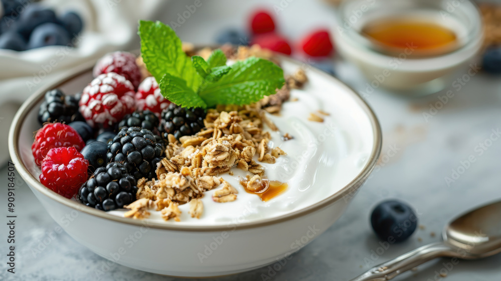 Fresh Yogurt Bowl with Berries and Granola on Marble Surface Fresh Yogurt Bowl with Berries and Granola on Marble Surface