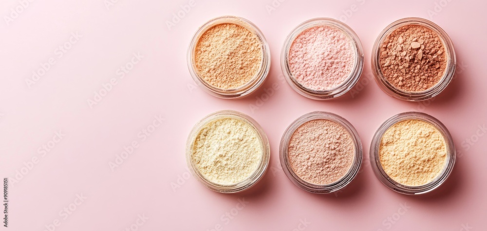 Assorted shades of loose powder makeup in jars arranged on a pink background. Beauty and cosmetics concepts. a stylish look and tone that perfectly reflects your fashion sense Assorted shades of loose powder makeup in jars arranged on a pink background. Beauty and cosmetics concepts. a stylish look and tone that perfectly reflects your fashion sense