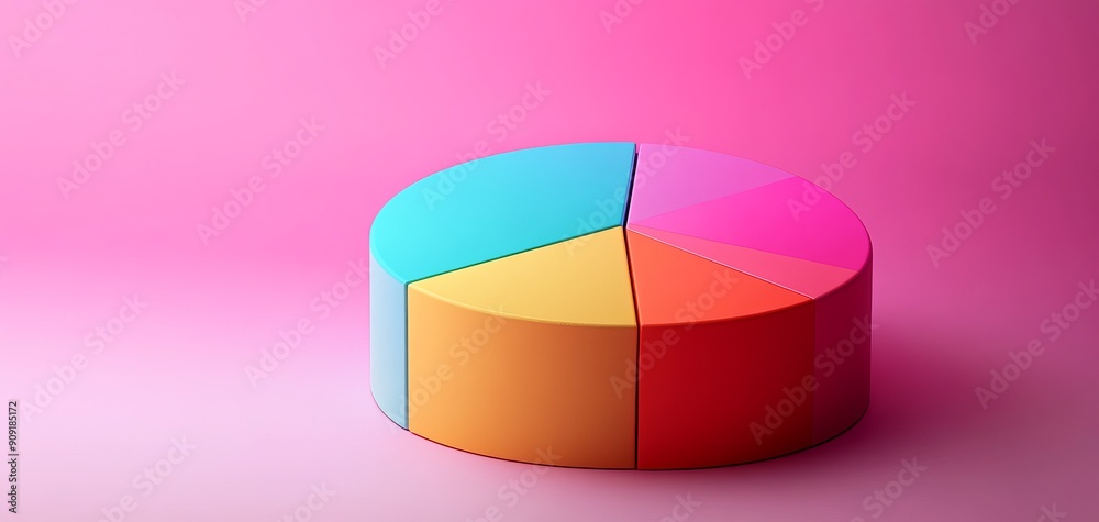 Obraz premium Colorful 3D pie chart on a pink background, showcasing data visualization and analytical information with vibrant colors. layout using a detailed model and versatile template