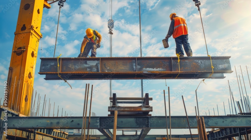 A construction worker team lifting and assembling steel beams for a bridge construction project. A construction worker team lifting and assembling steel beams for a bridge construction project.