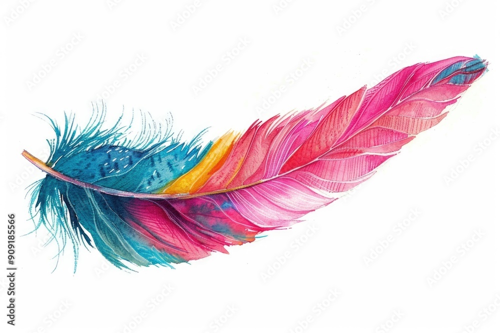 A bright and vibrant feather sits alone on a clean white surface A bright and vibrant feather sits alone on a clean white surface