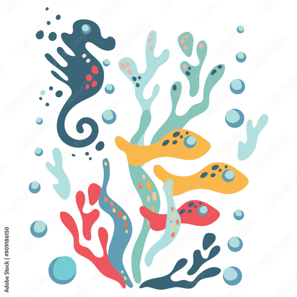Undersea world. Abstract sea elements underwater on a white background. Picture with sea fish, jellyfish and algae. Vector label for fabric, textile, wallpaper, cards, greeting cards. Undersea world. Abstract sea elements underwater on a white background. Picture with sea fish, jellyfish and algae. Vector label for fabric, textile, wallpaper, cards, greeting cards.