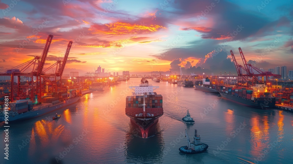 Harbor view with cargo ships unloading export-import trade goods Harbor view with cargo ships unloading export-import trade goods
