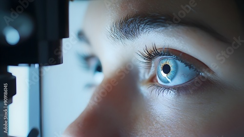 Detailed Eye Examination of American Woman Patient by Ophthalmologist in Modern Medical Facility