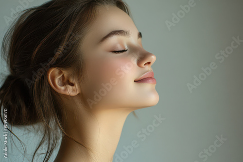 A close up of a girl's face with her eyes closed