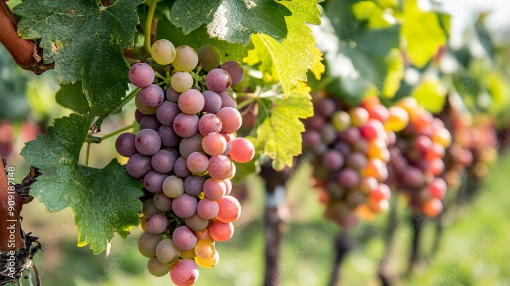 Close-up of plump, juicy grape clusters hanging from the vine, ready to be harvested Close-up of plump, juicy grape clusters hanging from the vine, ready to be harvested
