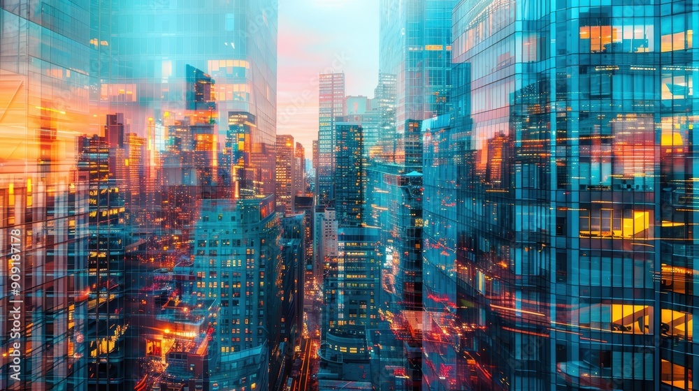 A captivating urban skyline filled with glowing buildings as day transitions to night
