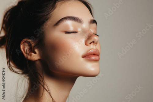 A close up of a girl's face with her eyes closed