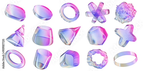 3D holographic geometric shapes set, y2k glass gradient objects, crystal modern futuristic figure. Creative decoration transparent effect elements, neon pink cross, sphere, cone, ring. 3D shapes icon