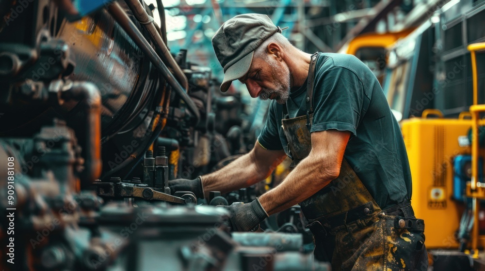 Mechanic performing maintenance on a diesel locomotive engine Mechanic performing maintenance on a diesel locomotive engine