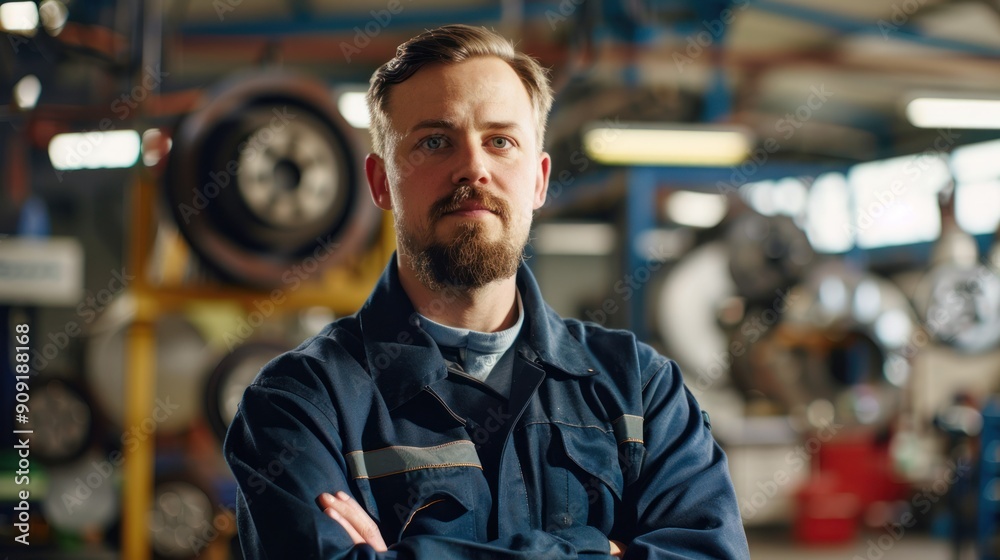 Portrait of a brake mechanic with brake components, demonstrating safety procedures Portrait of a brake mechanic with brake components, demonstrating safety procedures