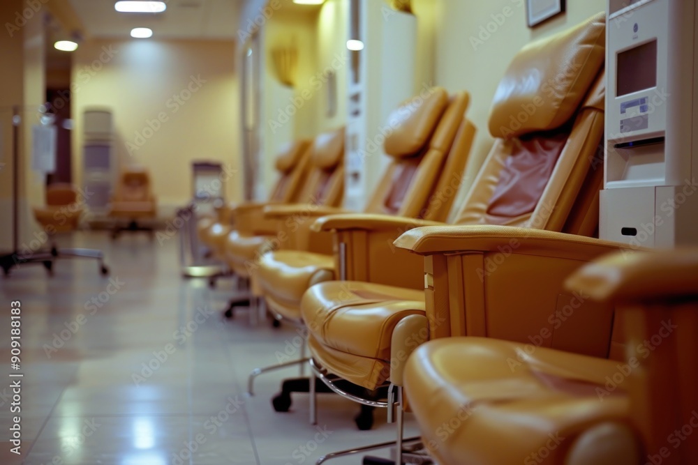 Empty hospital hallway with rows of chairs for patient waiting, great for healthcare and medical themes Empty hospital hallway with rows of chairs for patient waiting, great for healthcare and medical themes