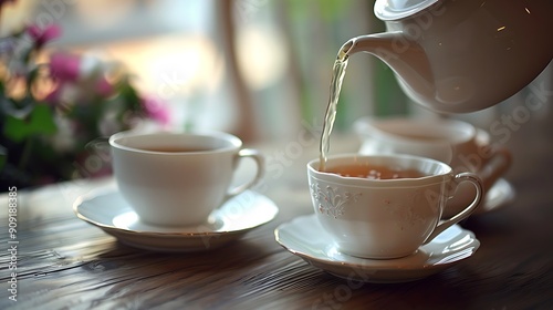 Pouring hot english tea into white ceramic tea cup