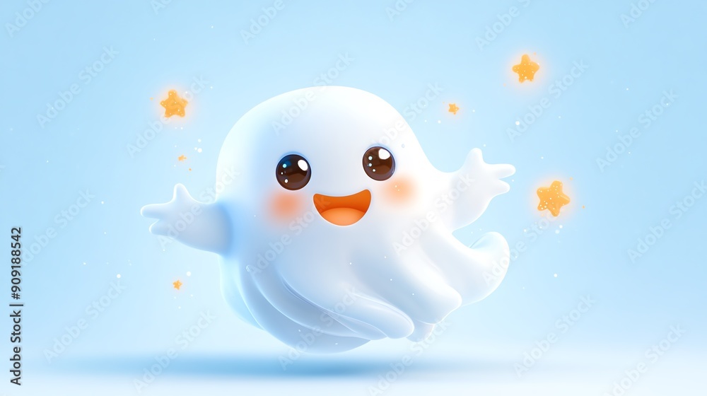 Cute cartoon ghost with big eyes and a happy smile, floating on a blue background with stars. Cute cartoon ghost with big eyes and a happy smile, floating on a blue background with stars.