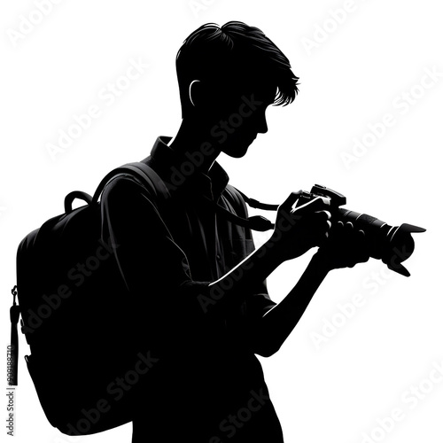 Boy photographer silhouette on transparent background.