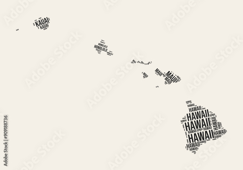 Hawaii Word Cloud. State with counties division. Hawaii typographic text clouds vector image design. Vintage gazette style state shape image. Trending vector illustration.