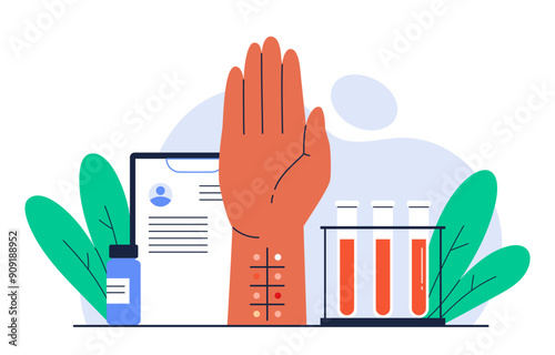 Skin allergy test concept. Patient hand with tiny incisions for allergy testing. Allergic reaction. Laboratory equipment for allergy diagnosis. Isolated vector illustration in cartoon style