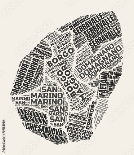 San Marino Word Cloud. Country with regions division. San Marino typographic text clouds vector image design. Vintage gazette style country shape image. Elegant vector illustration.