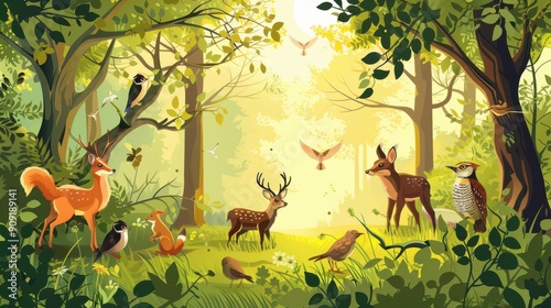 Wallpaper Mural Animals interact peacefully in a vibrant forest, bathed in soft morning sunlight Torontodigital.ca