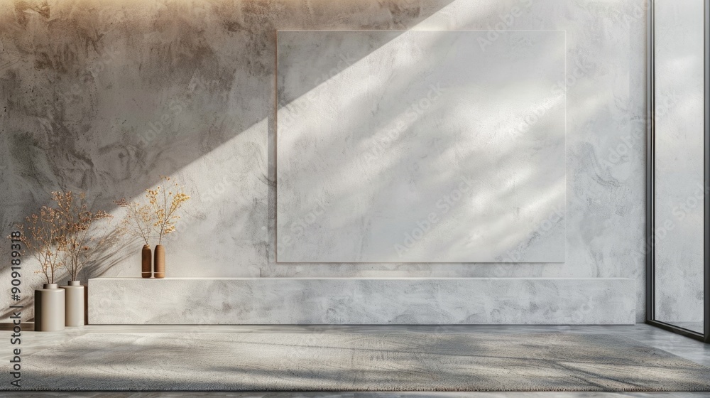 A minimalist interior scene featuring an empty room with a picture frame and vases A minimalist interior scene featuring an empty room with a picture frame and vases