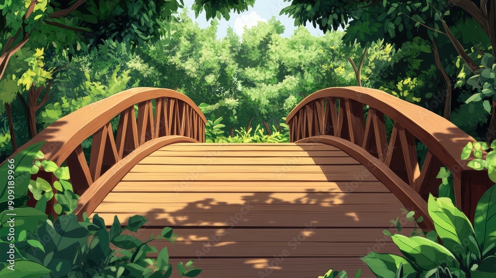 Artistic wooden bridge scene, illustrated in a cartoon style with rich greenery. Artistic wooden bridge scene, illustrated in a cartoon style with rich greenery.