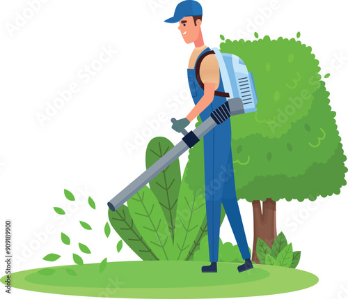 Park leaves cleaning. Garden worker character with blower