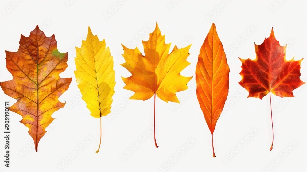 High-resolution close-up of five different colorful autumn leaves in shades of orange and yellow, isolated on a transparent PNG background. High-resolution close-up of five different colorful autumn leaves in shades of orange and yellow, isolated on a transparent PNG background.