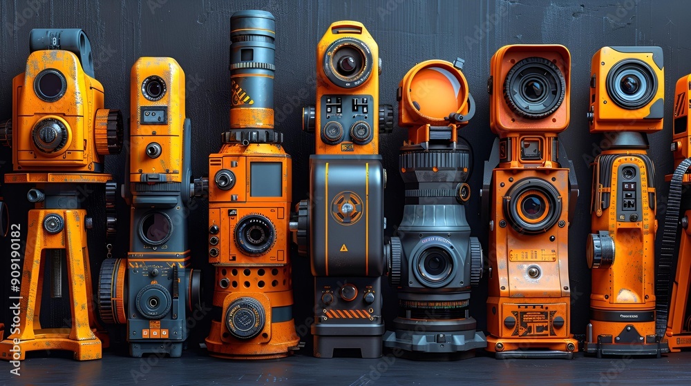 Fototapeta premium A Group of Orange and Black Cameras