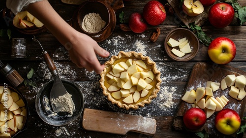 The process of making apple pies with freshly picked apples, from peeling to baking photo