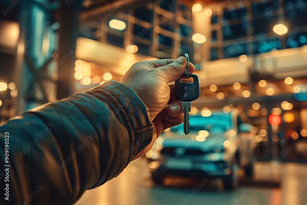 Passes the car key from hand to hand on the background of the interior of the car dealership. Passes the car key from hand to hand on the background of the interior of the car dealership.