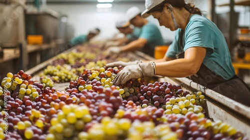 Workers meticulously sorting grapes on a large table, ensuring only the best quality fruit is selected