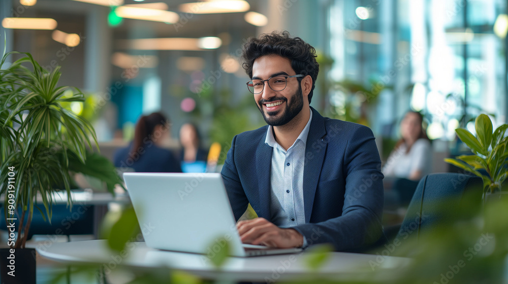 A happy middle eastern man in business attire working on his laptop at an open plan office with other people sitting around him, green plants and natural light. A happy middle eastern man in business attire working on his laptop at an open plan office with other people sitting around him, green plants and natural light.