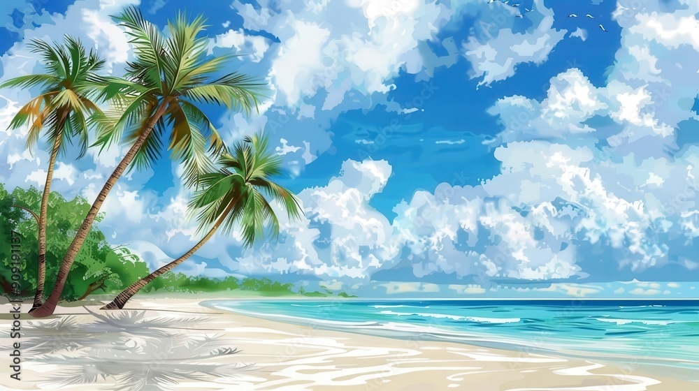 A tranquil beach setting features palm trees swaying gently beside crystal-clear water A tranquil beach setting features palm trees swaying gently beside crystal-clear water