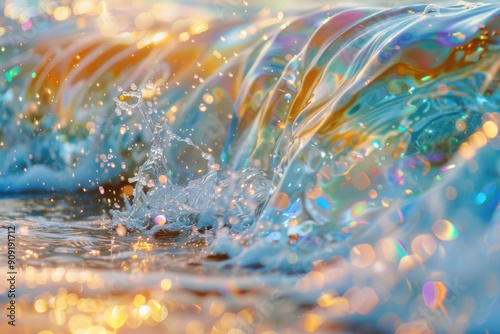 Close-up shot of a wave crashing into the ocean with foam and water droplets