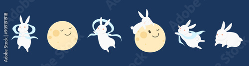 Cute bunny fairy and full moon. Mid autumn festival card vector element.