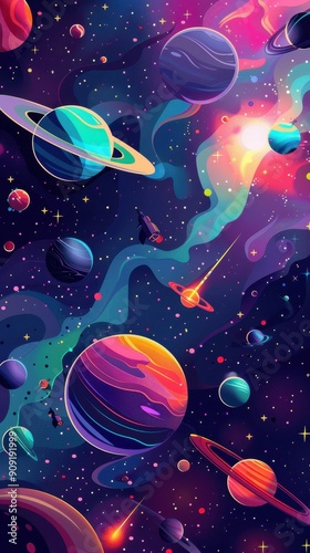 A vivid cosmic scene showcases colorful planets surrounded by stars and swirling galaxies