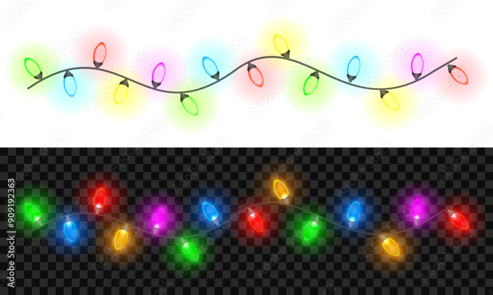 String of colorful holiday lights, Christmas decoration lights seamless repeatable isolated realistic design elements, glowing lights for greeting card design, bright garlands
