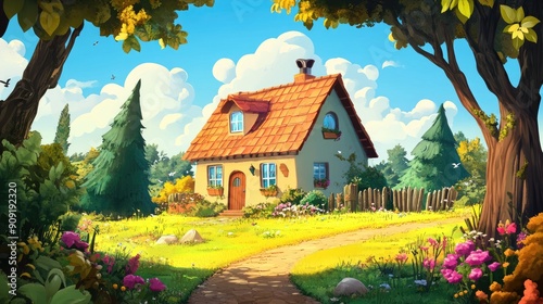 Cartoon background featuring a cozy house and a colorful, animated environment.