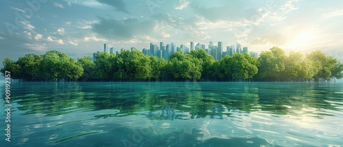 Coastal city planning integrating mangrove preservation and diverse marine ecosystems, [coastal city], [mangrove preservation]