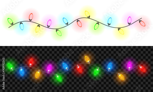 String of colorful holiday lights, Christmas decoration lights seamless repeatable isolated realistic design elements, glowing lights for greeting card design, bright garlands