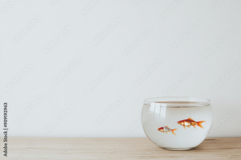 Two goldfish swim in a glass fishbowl placed on a wooden table against a white background, offering a simple yet charming depiction of aquatic life in a home setting. Two goldfish swim in a glass fishbowl placed on a wooden table against a white background, offering a simple yet charming depiction of aquatic life in a home setting.