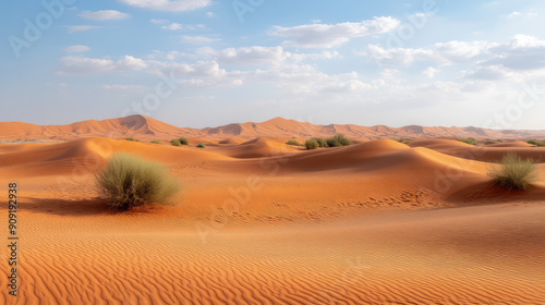 A stunning desert landscape featuring rolling orange sand dunes under a vast blue sky with scattered clouds and patches of vegetation, evoking a sense of vastness and tranquility.