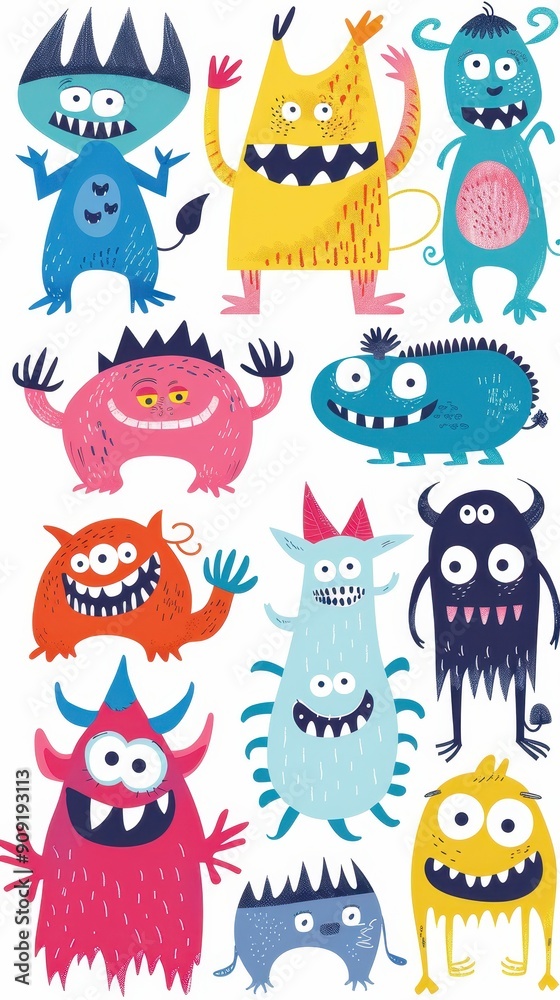 A collection of colorful cartoon monsters joyfully interacting at a fun gathering among vibrant backgrounds A collection of colorful cartoon monsters joyfully interacting at a fun gathering among vibrant backgrounds