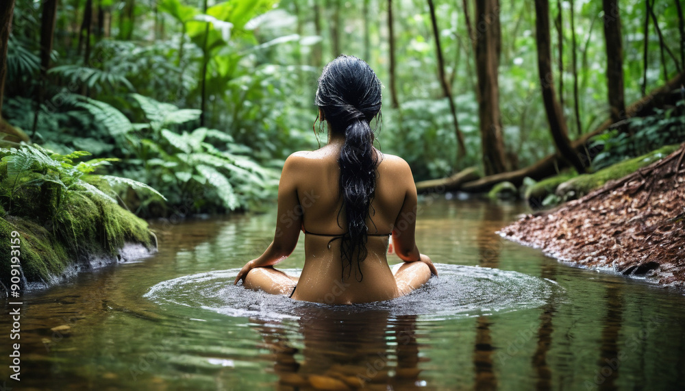 Fototapeta premium Mysterious Indian woman enjoying in water and rain
